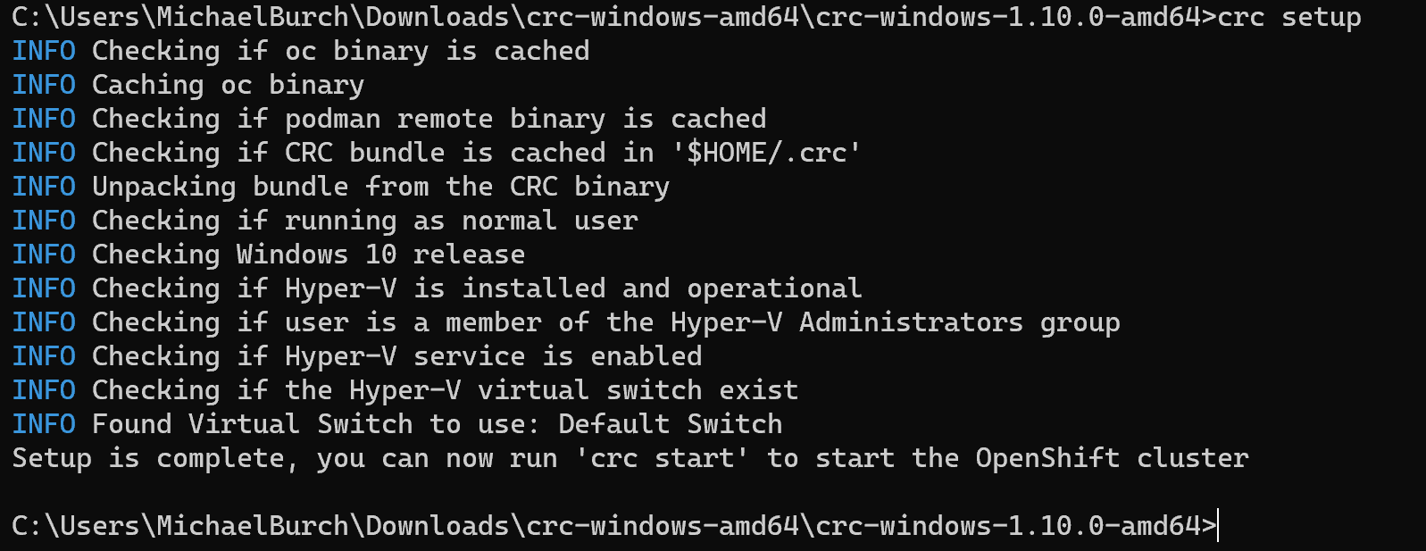 screenshot of CRC setup output