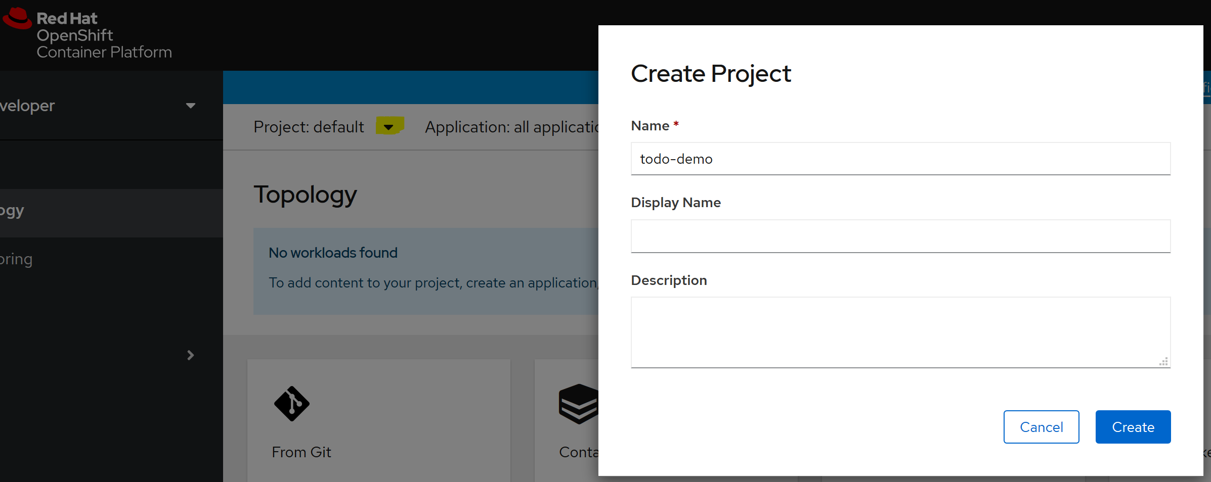 screenshot of creating new project in OpenShift