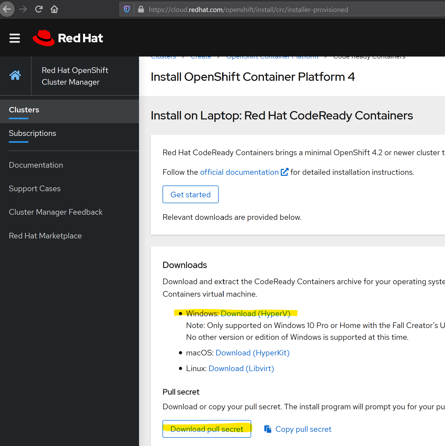 screenshot of OpenShift download page