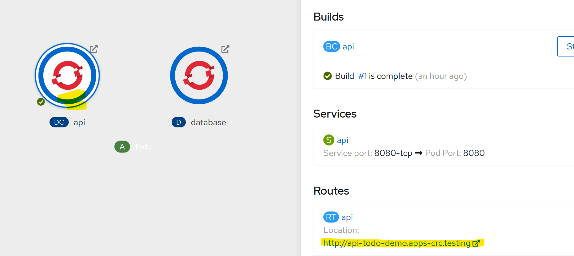 screenshot showing OpenShift route