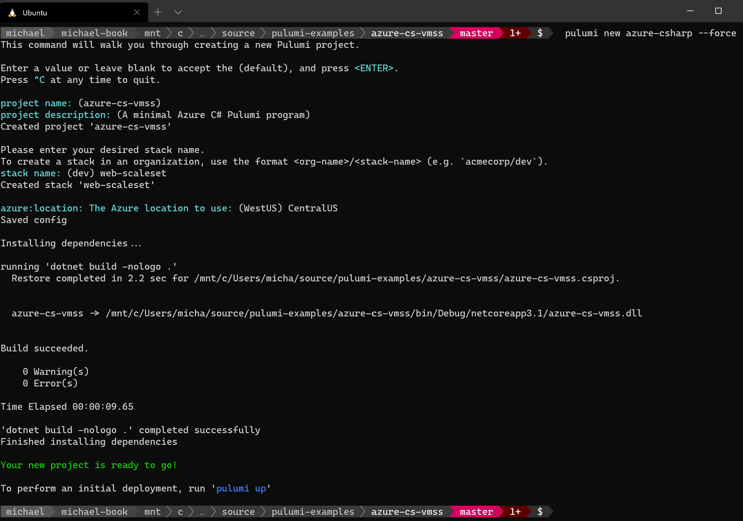 screenshot 'pulumi' new command output