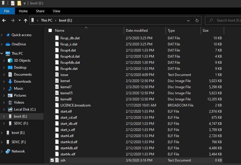 screenshot of ssh.txt in boot partition